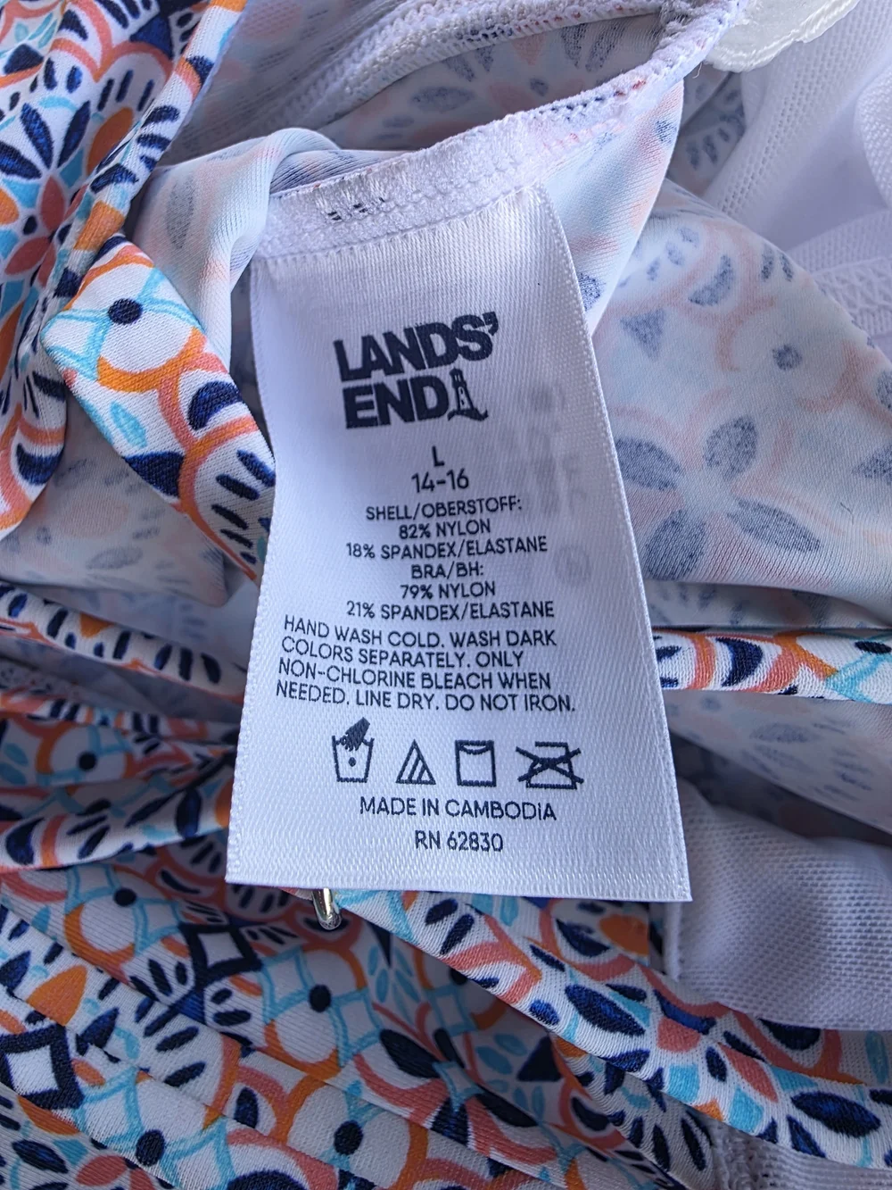 Lands' End Multi-Color Patterned Swimwear Top — White, Orange, Blue